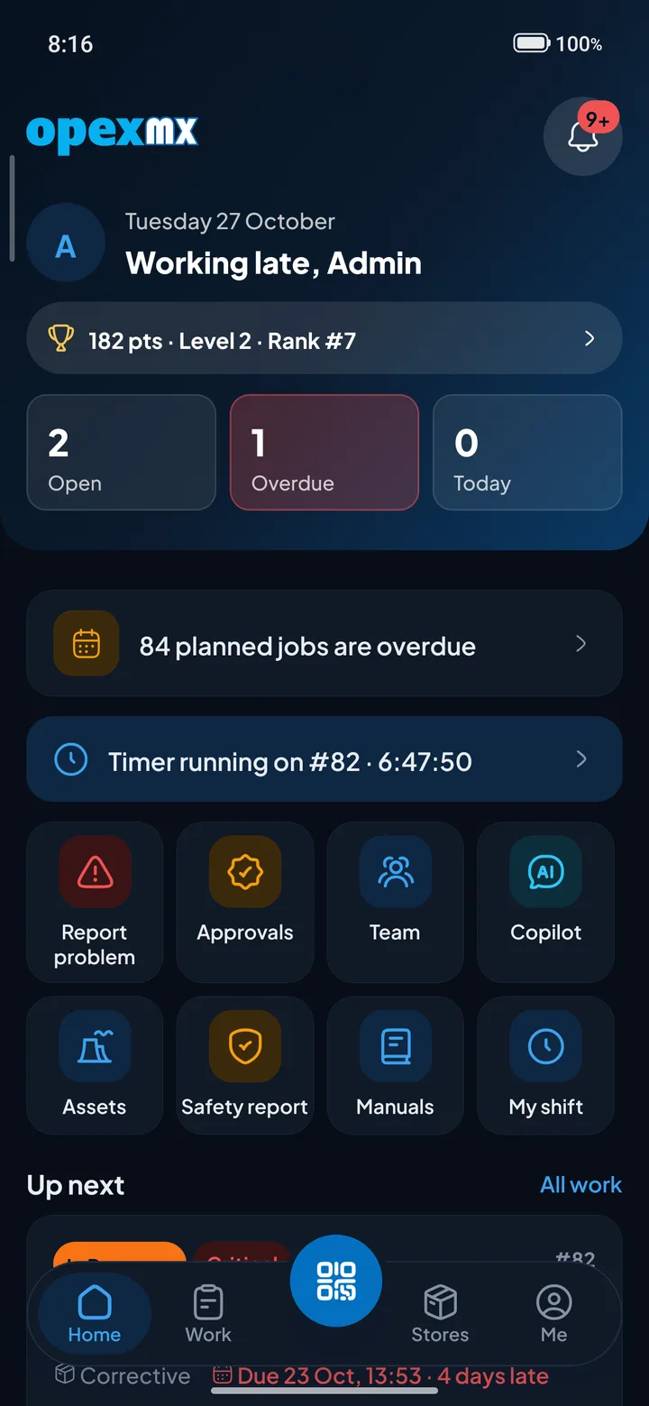 OpexMX Field app home screen with open and overdue counts, a running job timer and quick actions