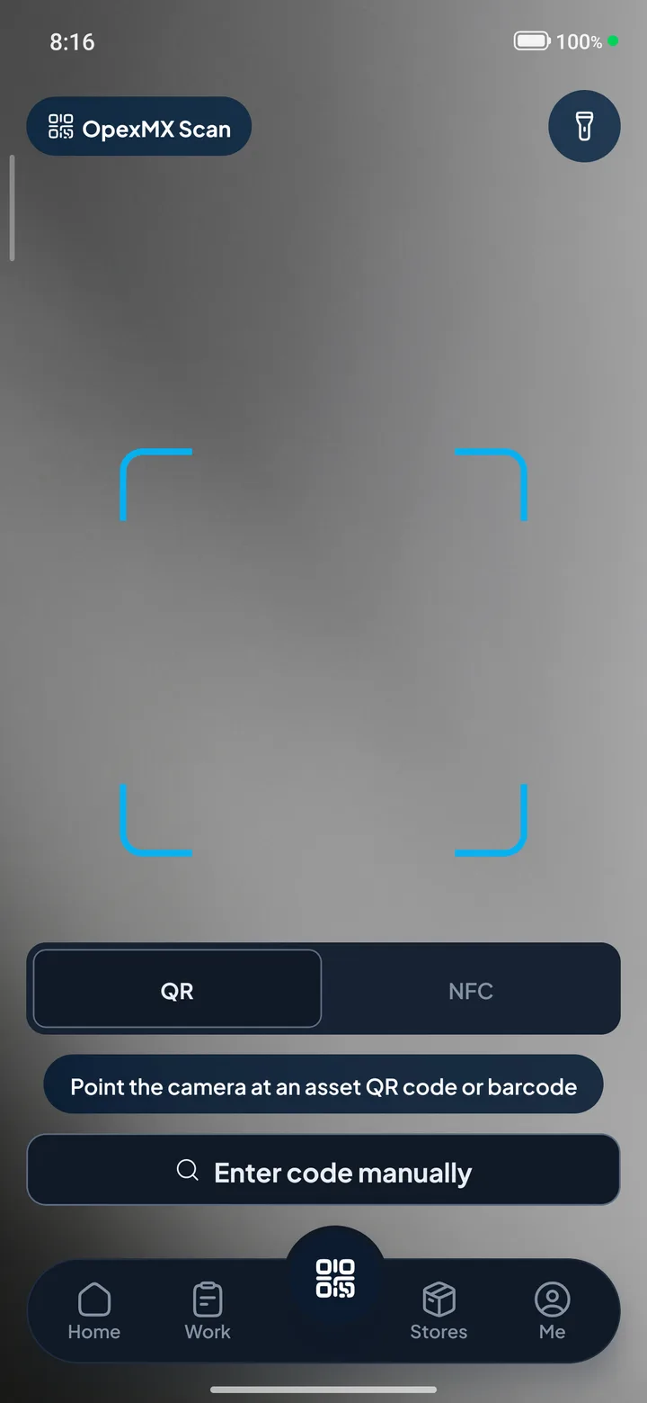 OpexMX Field scan screen for opening an asset by QR code or NFC tag