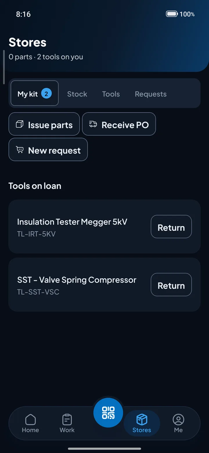 OpexMX Field stores screen with tools on loan and actions to issue parts or receive a PO