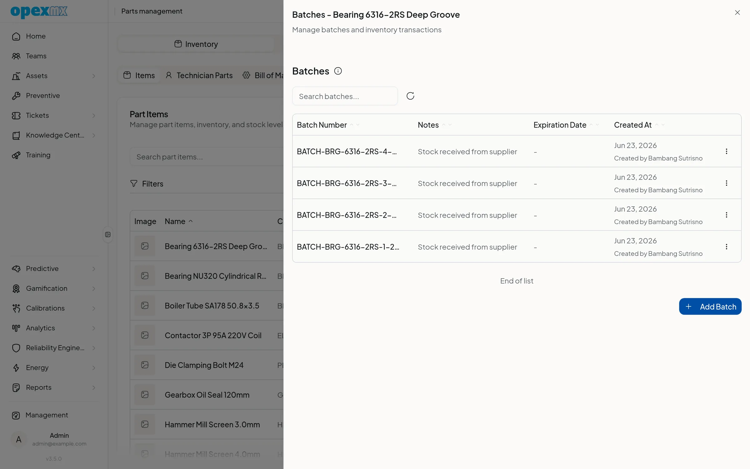 Batch list for a deep groove bearing, with each batch's notes, date and who received it