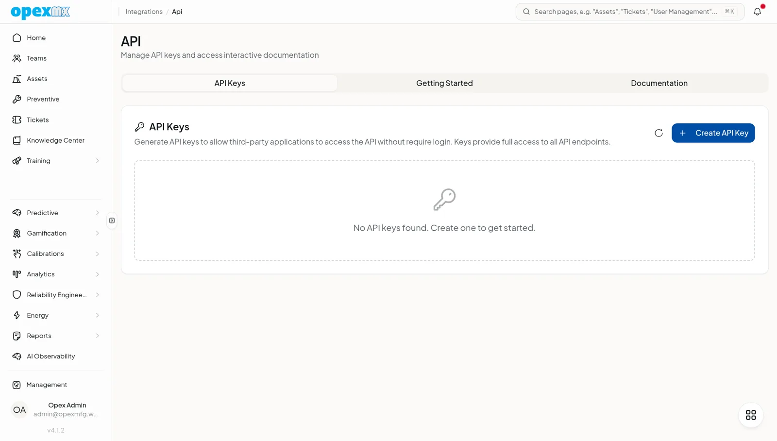API keys management page showing generated keys with scopes and revocation controls.