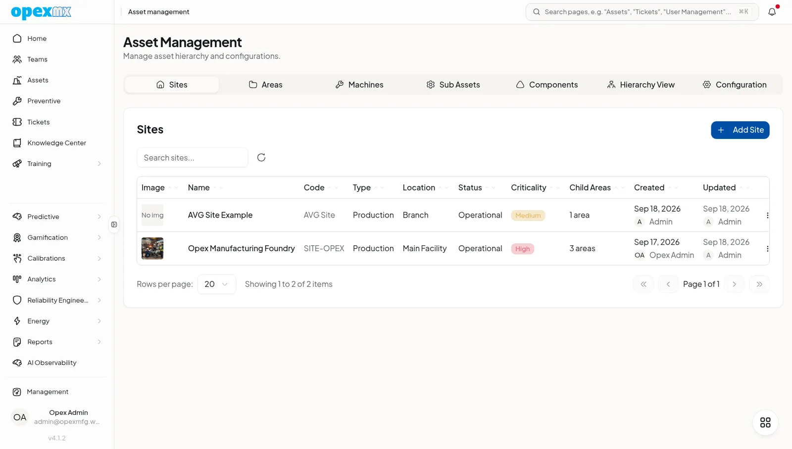 OpexMX asset management screen with the asset tree, hierarchy, and per-asset details.