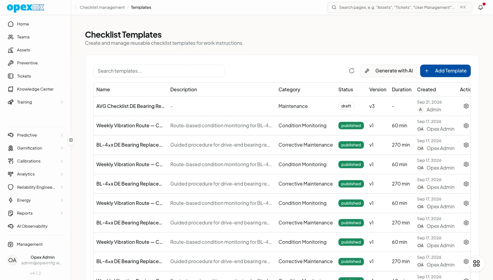 Digital checklist library showing checklist templates with step-by-step work instructions and completion statuses.