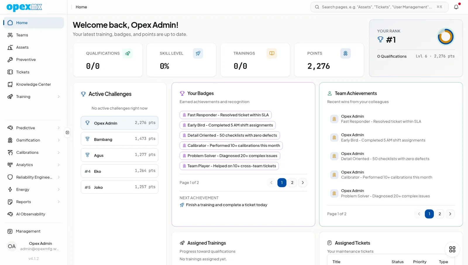 OpexMX home dashboard showing today's work orders, asset status, and the maintenance schedule at a glance.