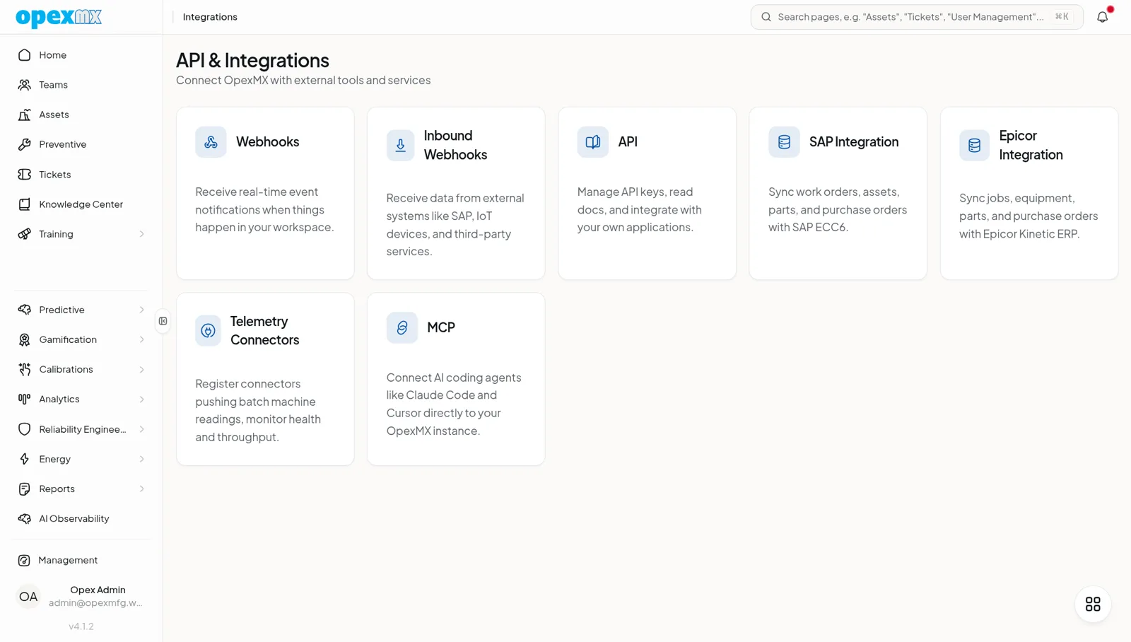 Halaman integrasi yang menampilkan daftar konektor tersedia seperti webhooks, SAP, Epicor, dan integrasi MCP.