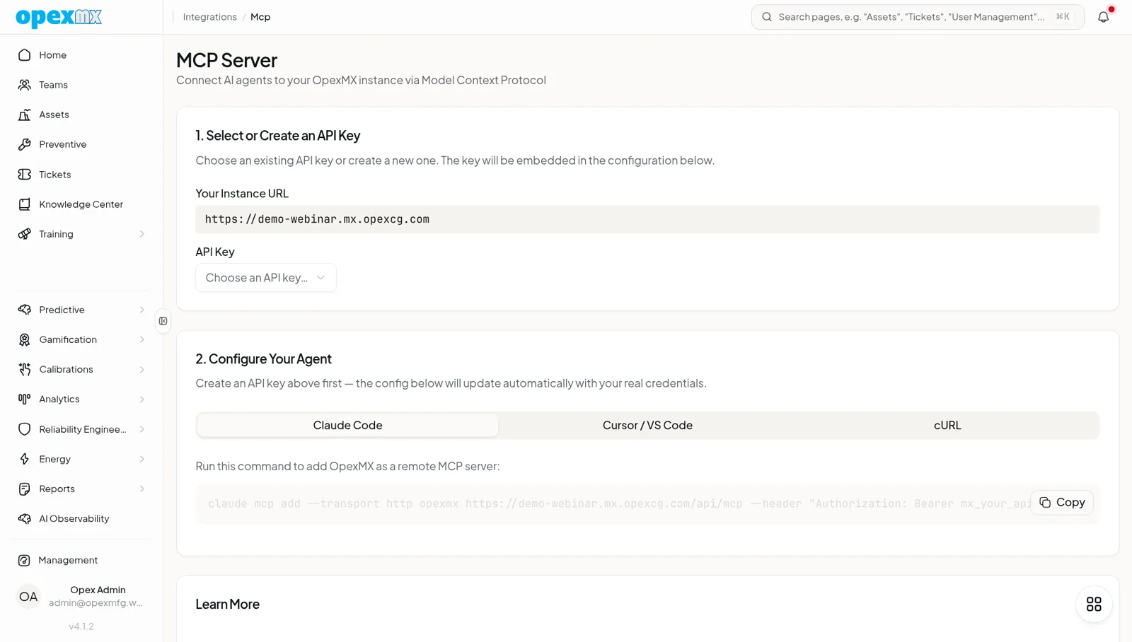 OpexMX integrations page showing the MCP server entry with its API-key setup