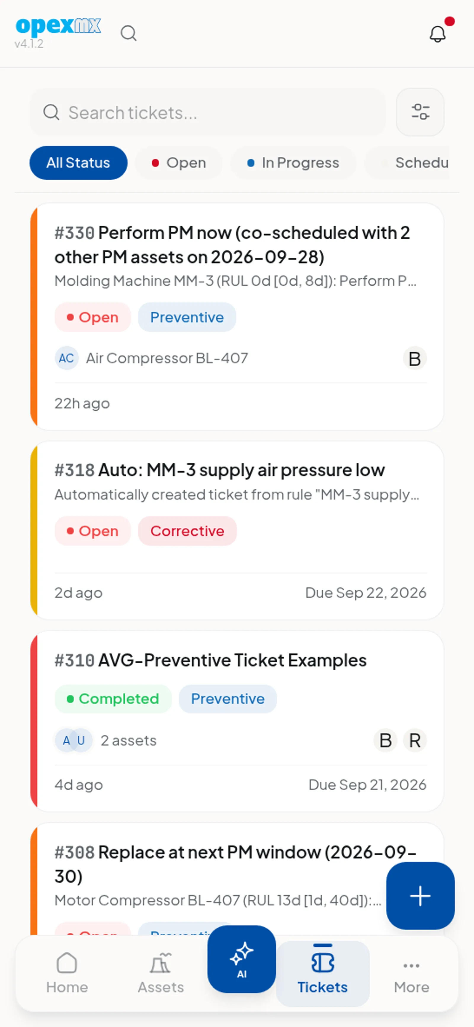 OpexMX mobile app showing the ticket list on a phone with bottom navigation tabs.