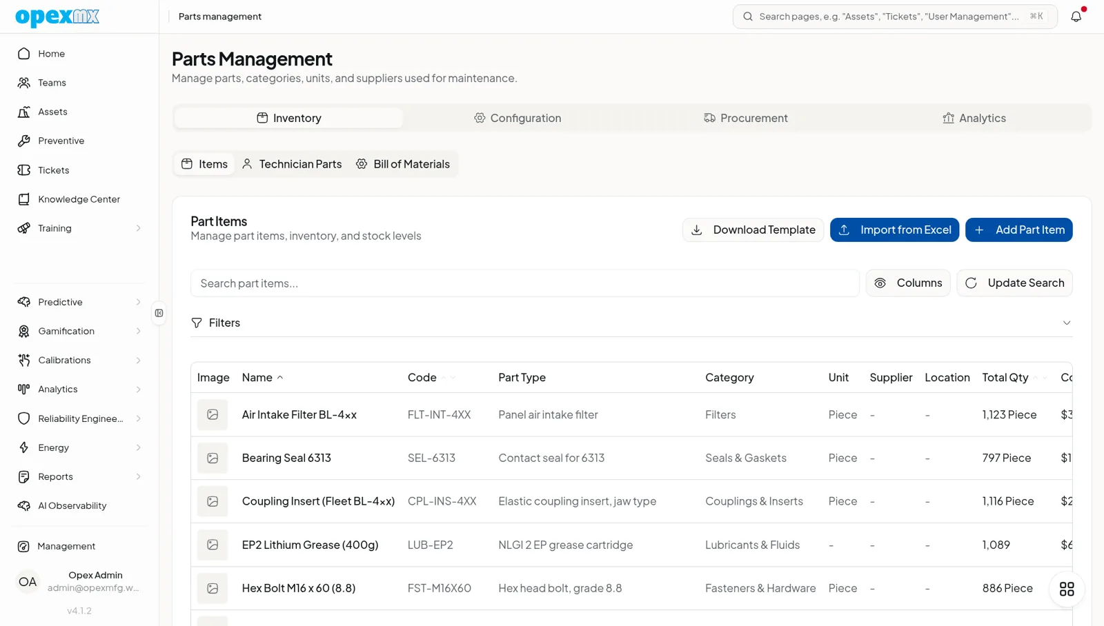 OpexMX Parts Management inventory table with image, name, code, category, supplier, location, and quantity columns.