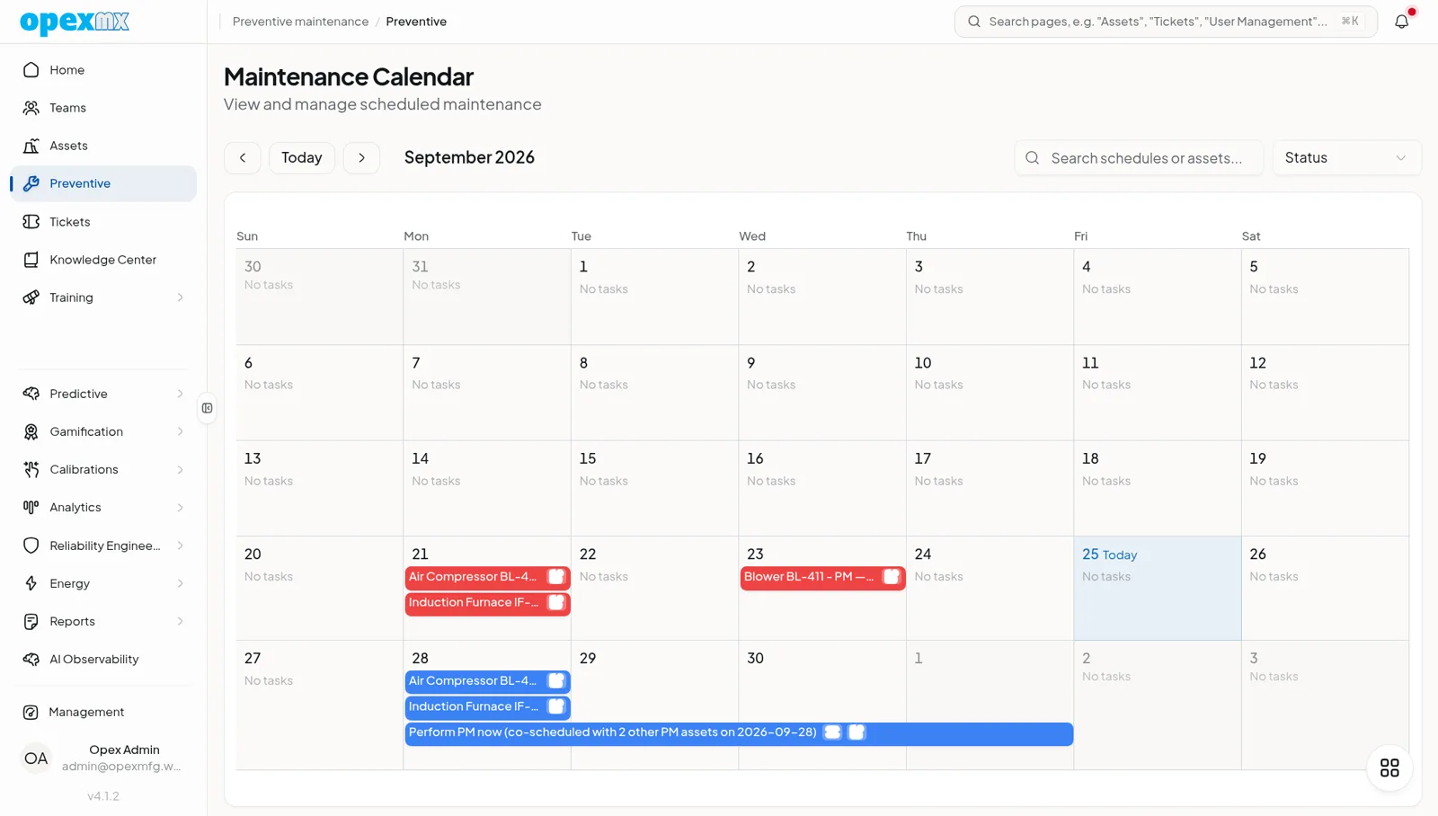 OpexMX maintenance calendar showing scheduled preventive tasks as color-coded entries across the September month grid, with month navigation and a schedule/asset search.