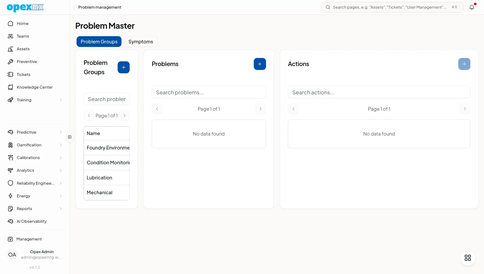 OpexMX problem management list of known problems with symptoms, causes, and linked assets.
