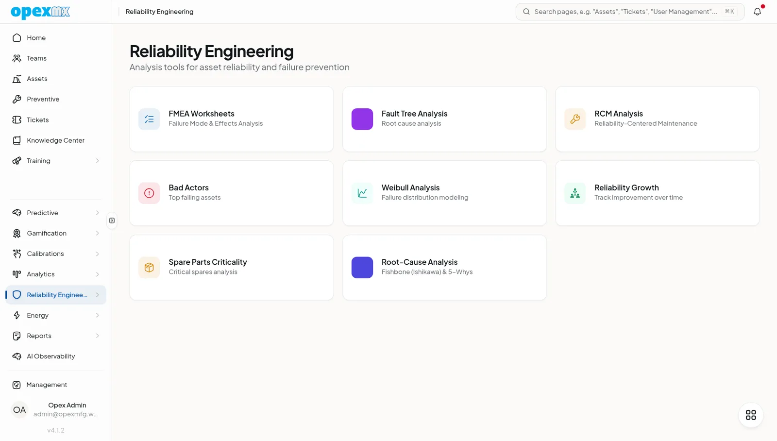 Reliability engineering workspace with bad-actor ranking and Weibull analysis charts for recurring failures.