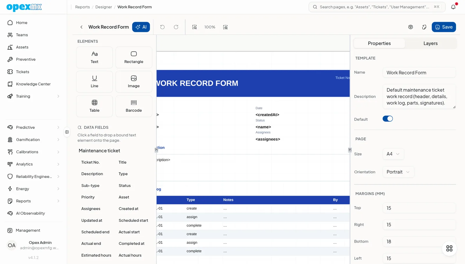 OpexMX report designer with data source, filters, and column selection for custom reports.