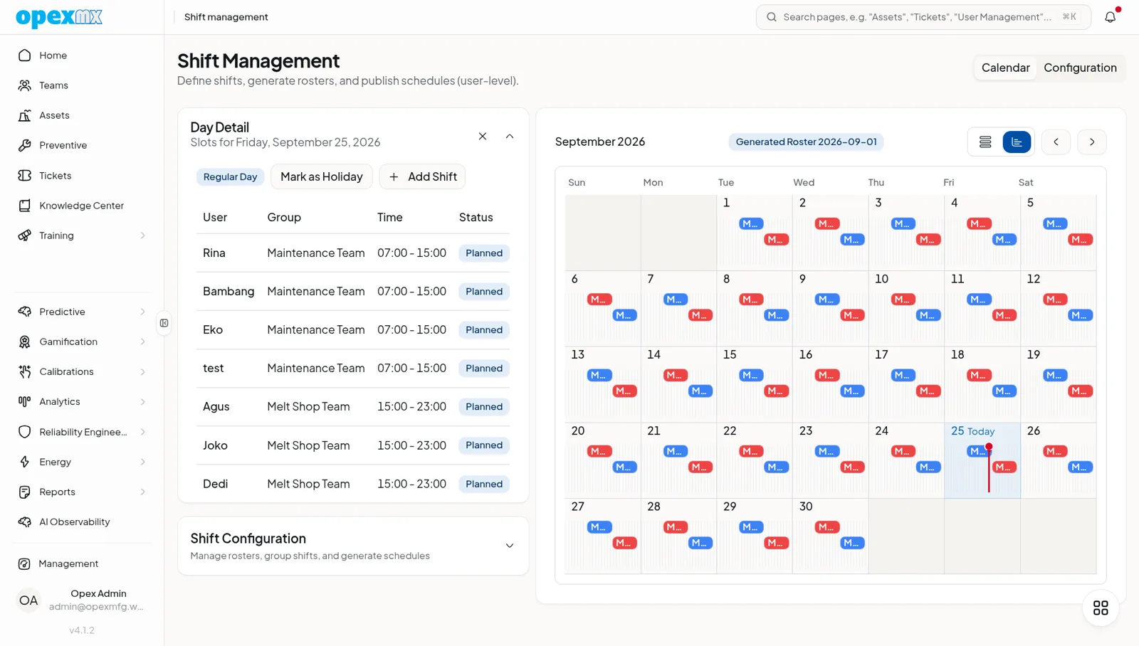 OpexMX shift management calendar showing the December roster with shift chips per day and a day-detail panel listing technicians, shift times, and statuses.