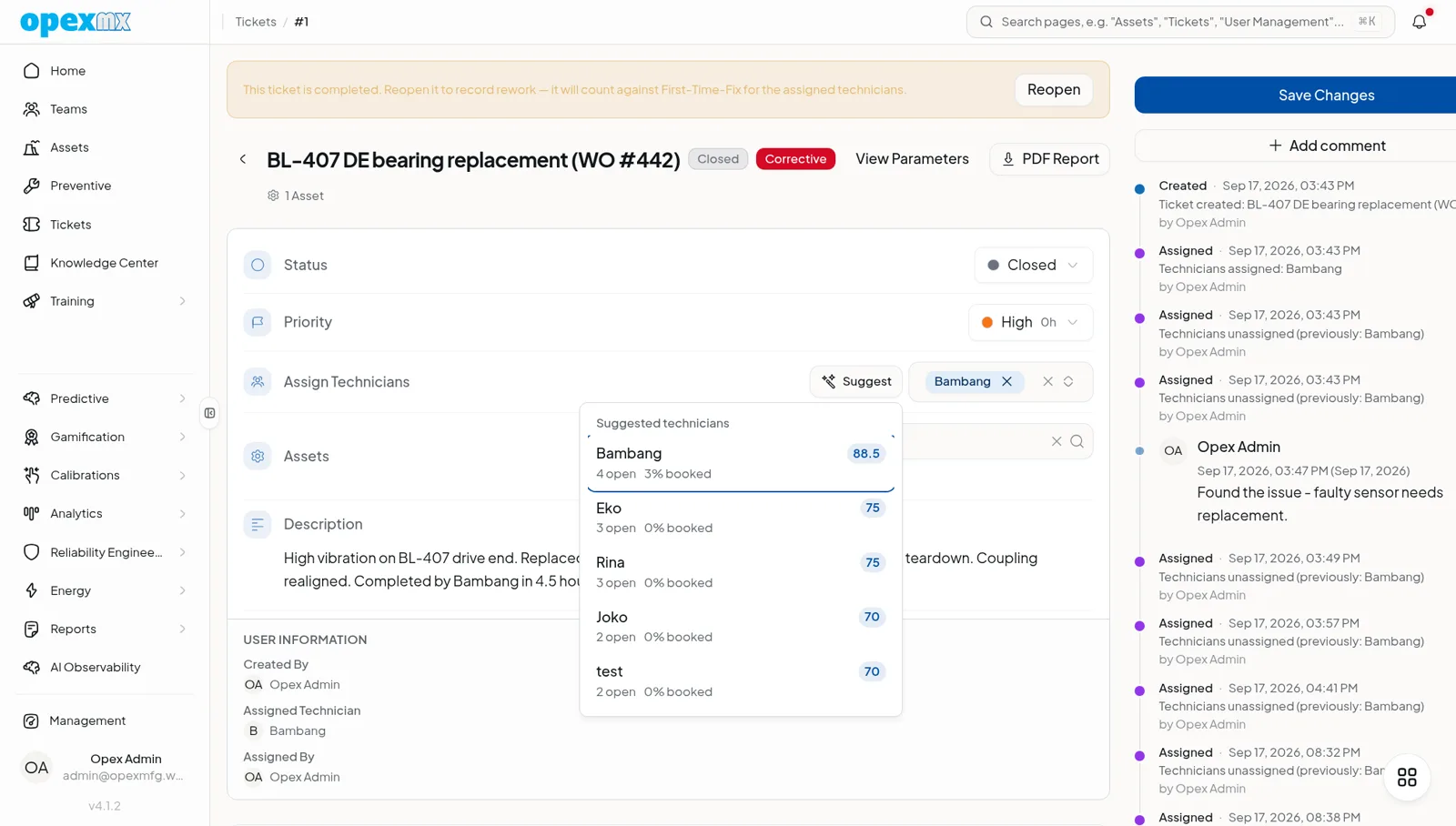 OpexMX guided ticket creation with reactive, preventive, inspection, and corrective work order types.