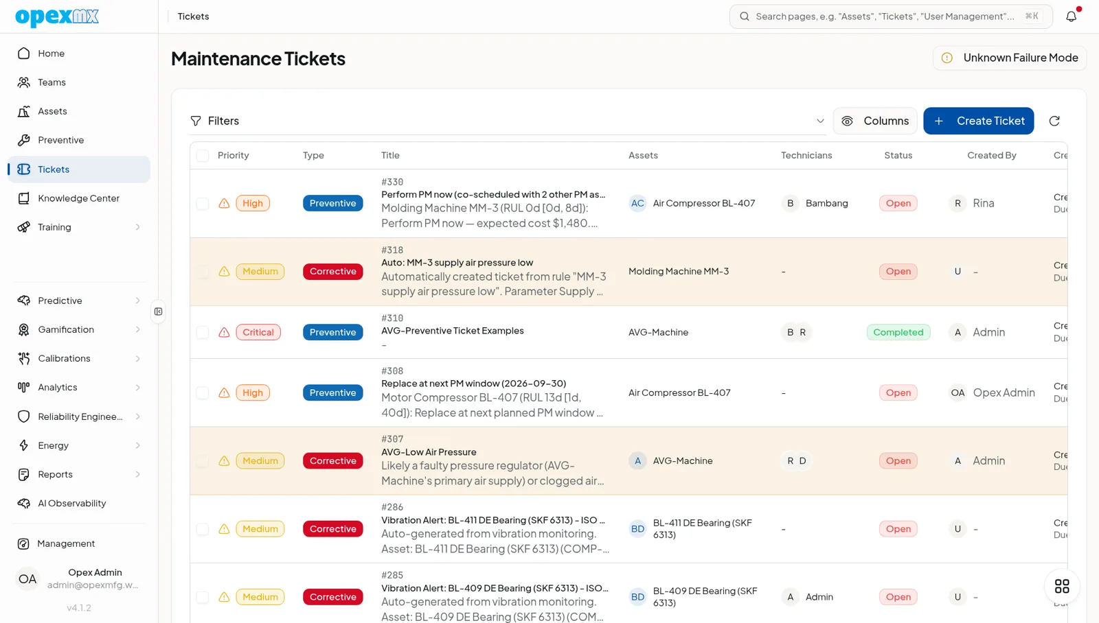 OpexMX ticket list showing open work orders with status and priority at a glance.