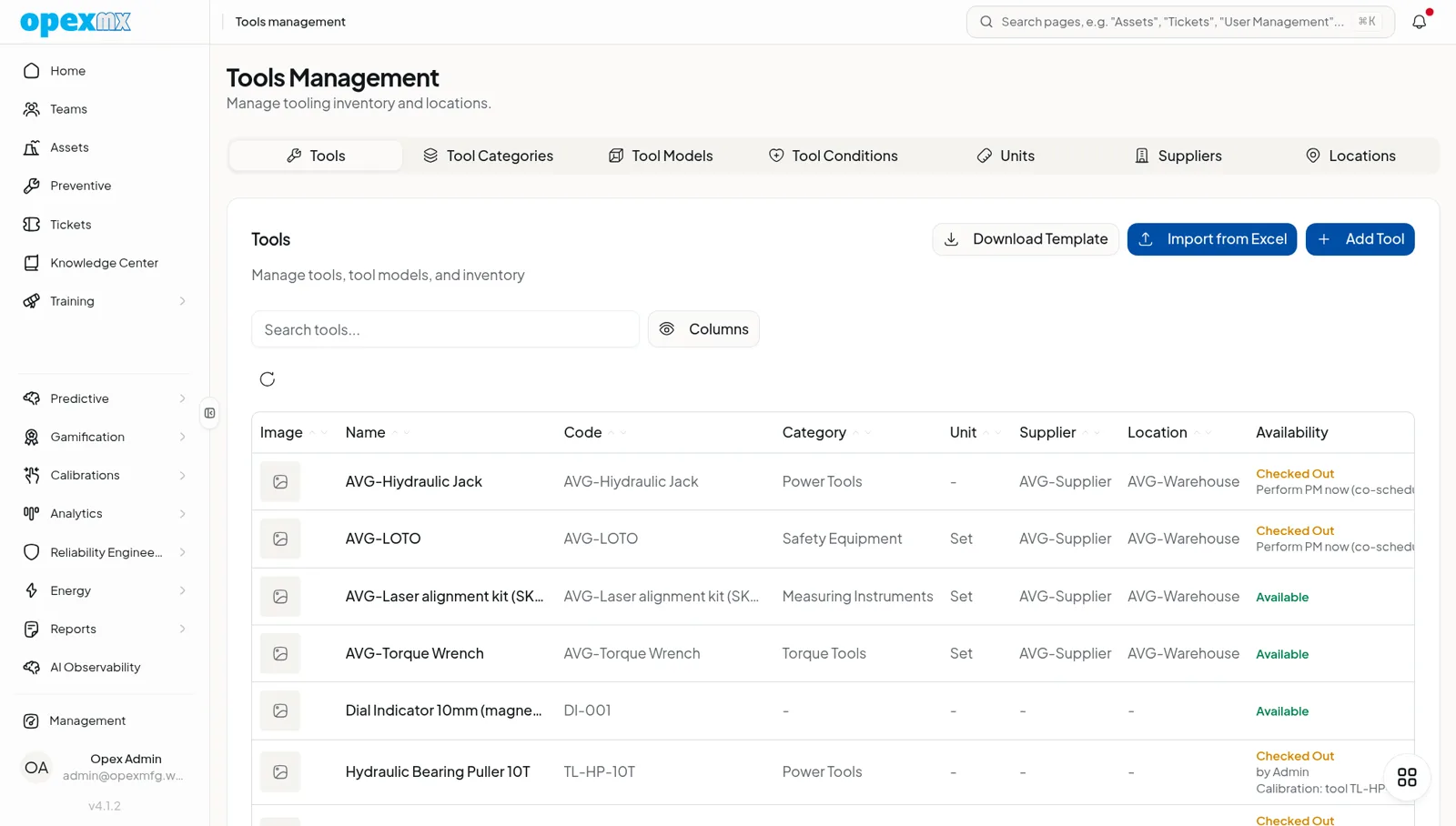 OpexMX tools ledger showing tool models, check-out status, calibration due dates, and condition.
