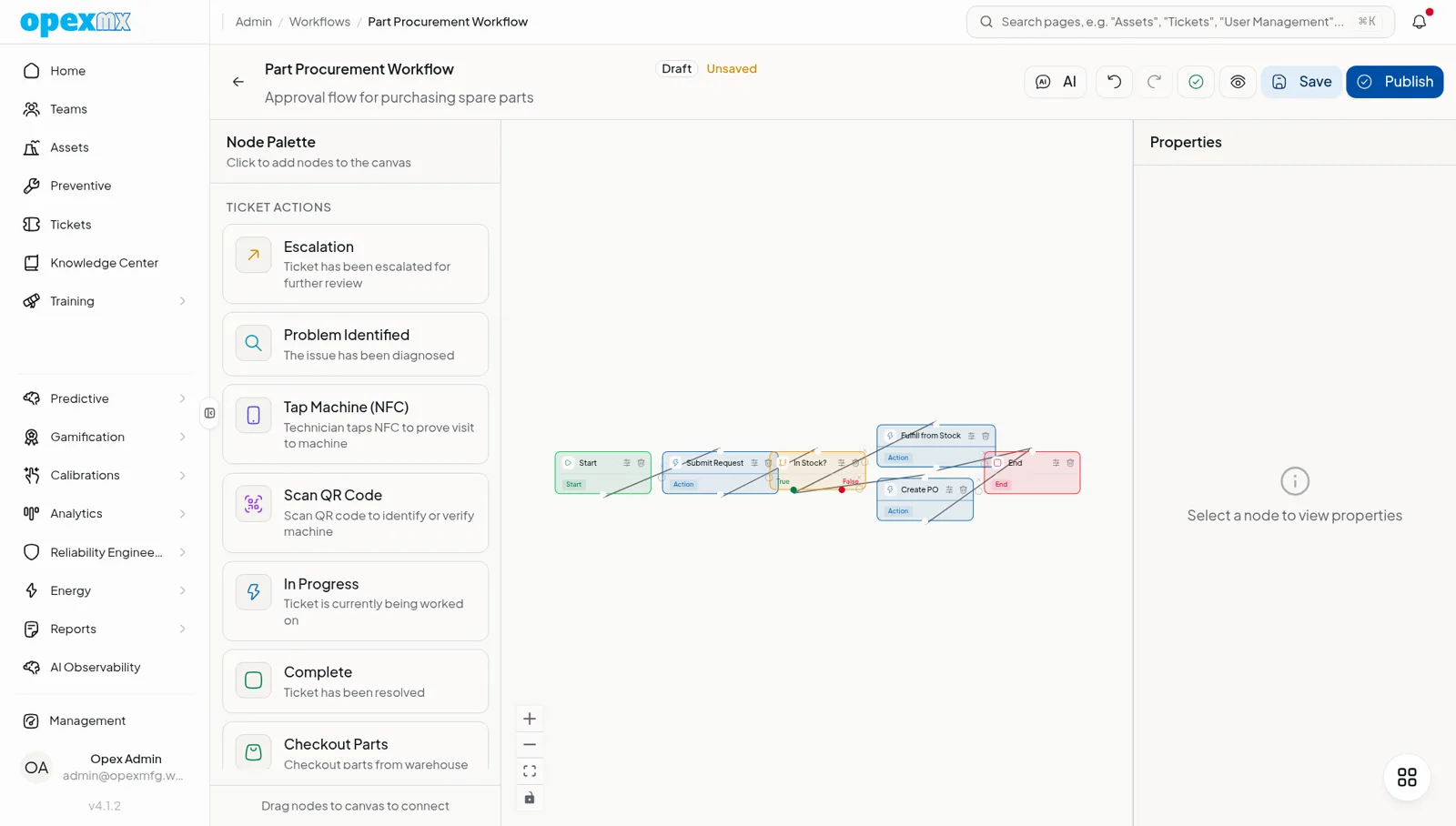 OpexMX workflow editor with an approval checkpoint wired into the work order flow.